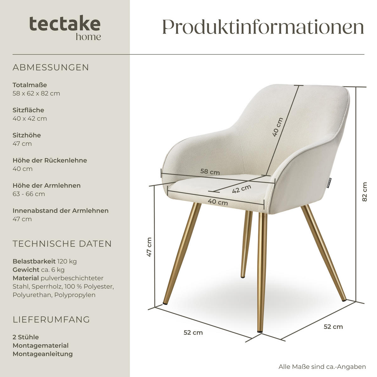 ESSZIMMERSTUHL 2er Set Marilyn 58 x 62 x 82 cm creme/gold - Goldfarben/Creme, Kunststoff (62/82/58cm) - tectake