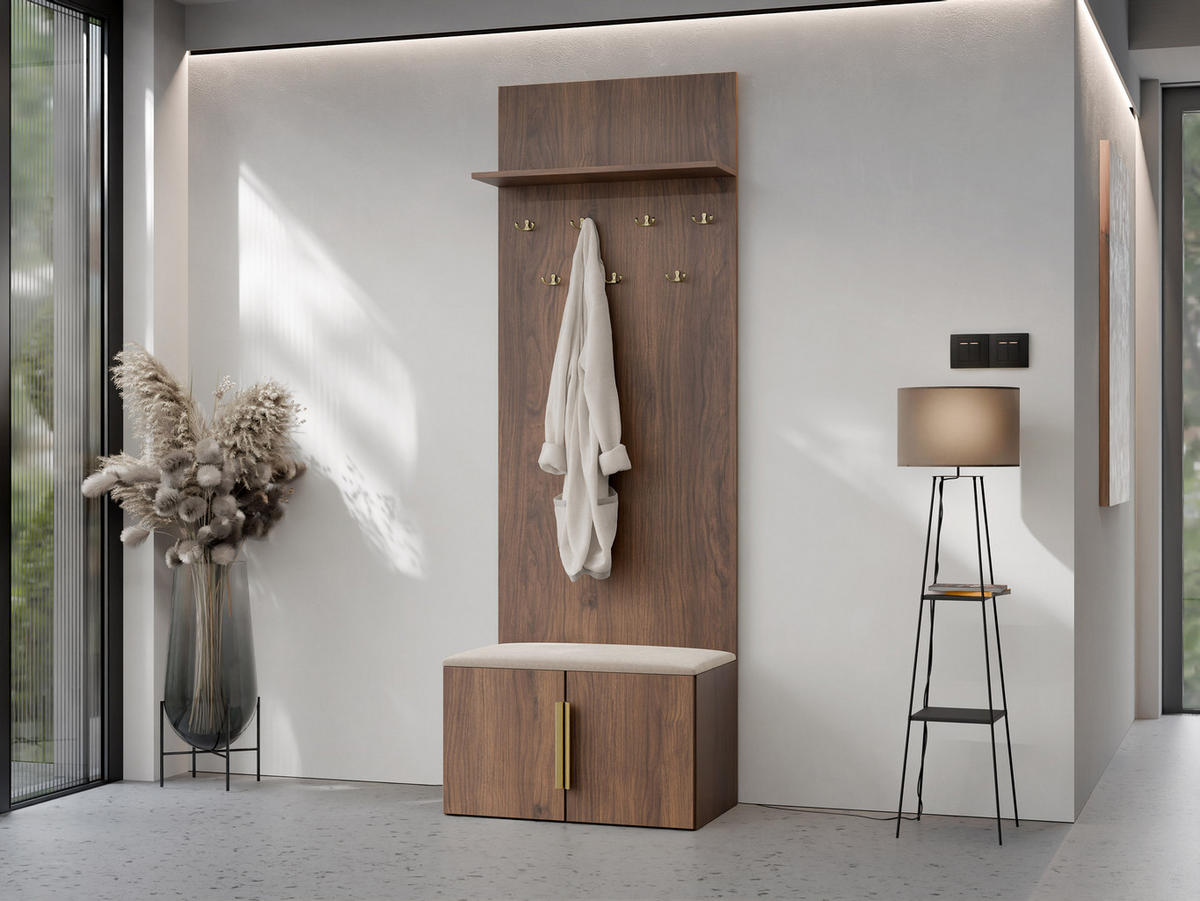GARDEROBE MIT SITZBANK Kerkin - Beige/Goldfarben, Holzwerkstoff/Kunststoff (70/200/42cm) - MIRJAN24