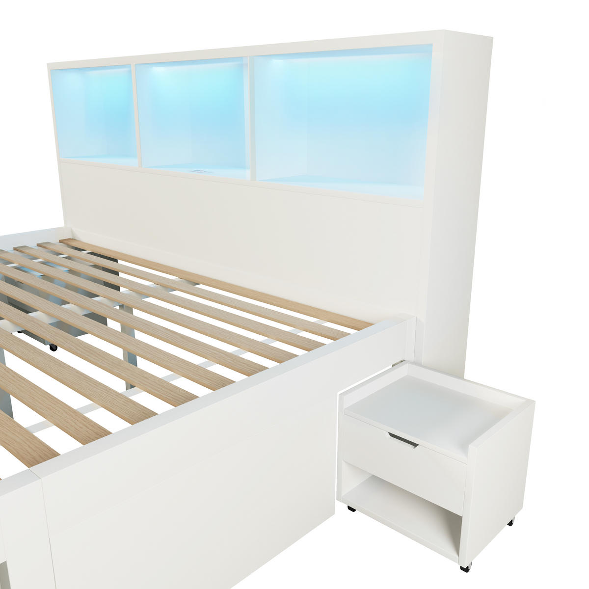 BETT 140/190 cm in Weiß mit Schublade, Regalen, LED und USB Type-C Holz Design - Weiß, Holzwerkstoff (140/190cm) - STILVORA