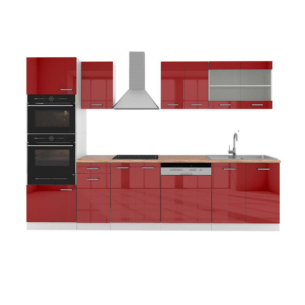 KÜCHENZEILE R-Line Bordeaux Hochglanz/Weiß 300 cm mit Hochschrank AP Eiche - Bordeaux/Weiß, Holzwerkstoff (300/81.6/60cm) - Vicco