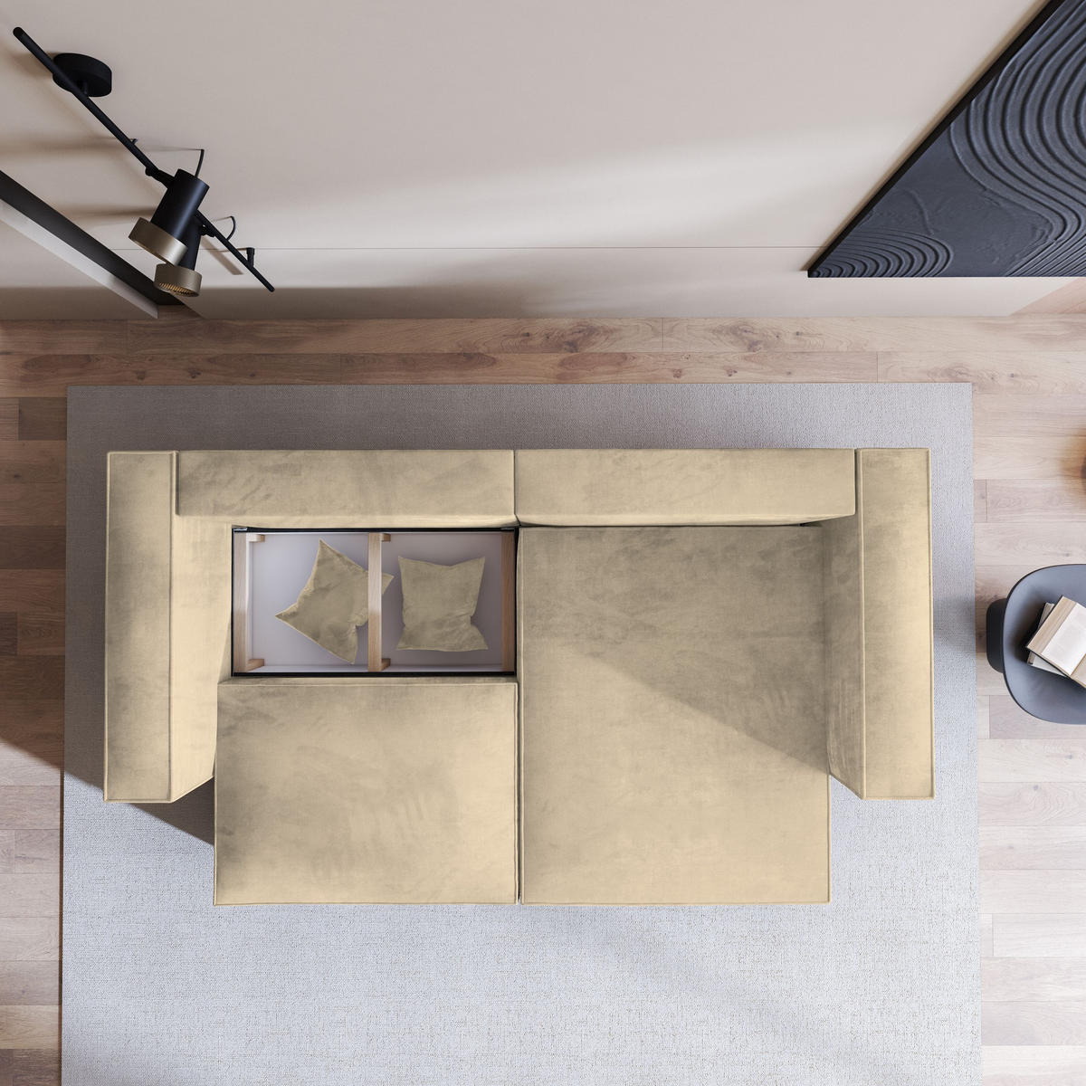 ECKSOFA NERIO M Creme Velours-Stoff mit Schlaffunktion - Creme, Holz (245/148cm) - MASSENO