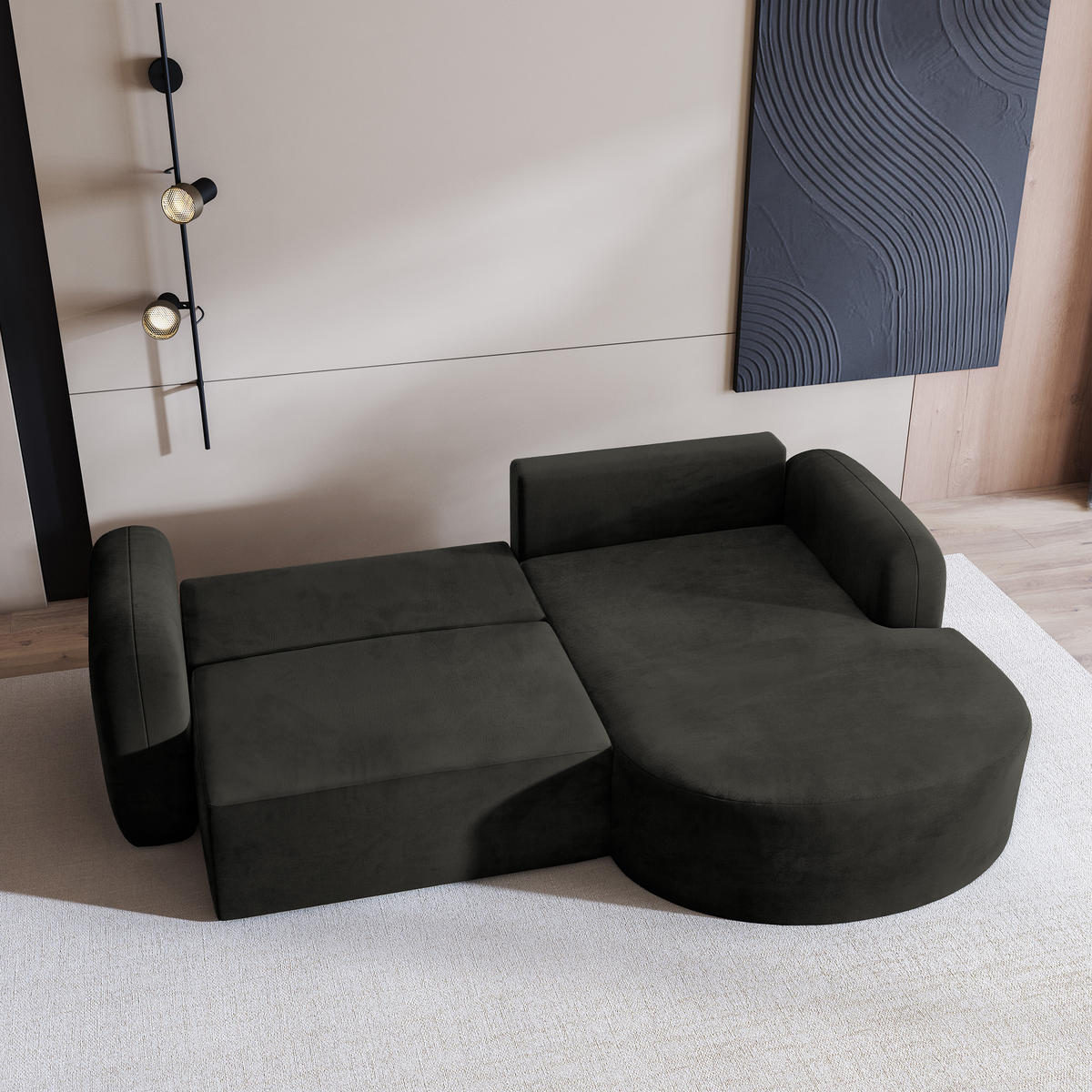 ECKSOFA AMILIA M R-S Schwarz Velours-Stoff mit Schlaffunktion - Schwarz, Holz (263/174cm) - MASSENO