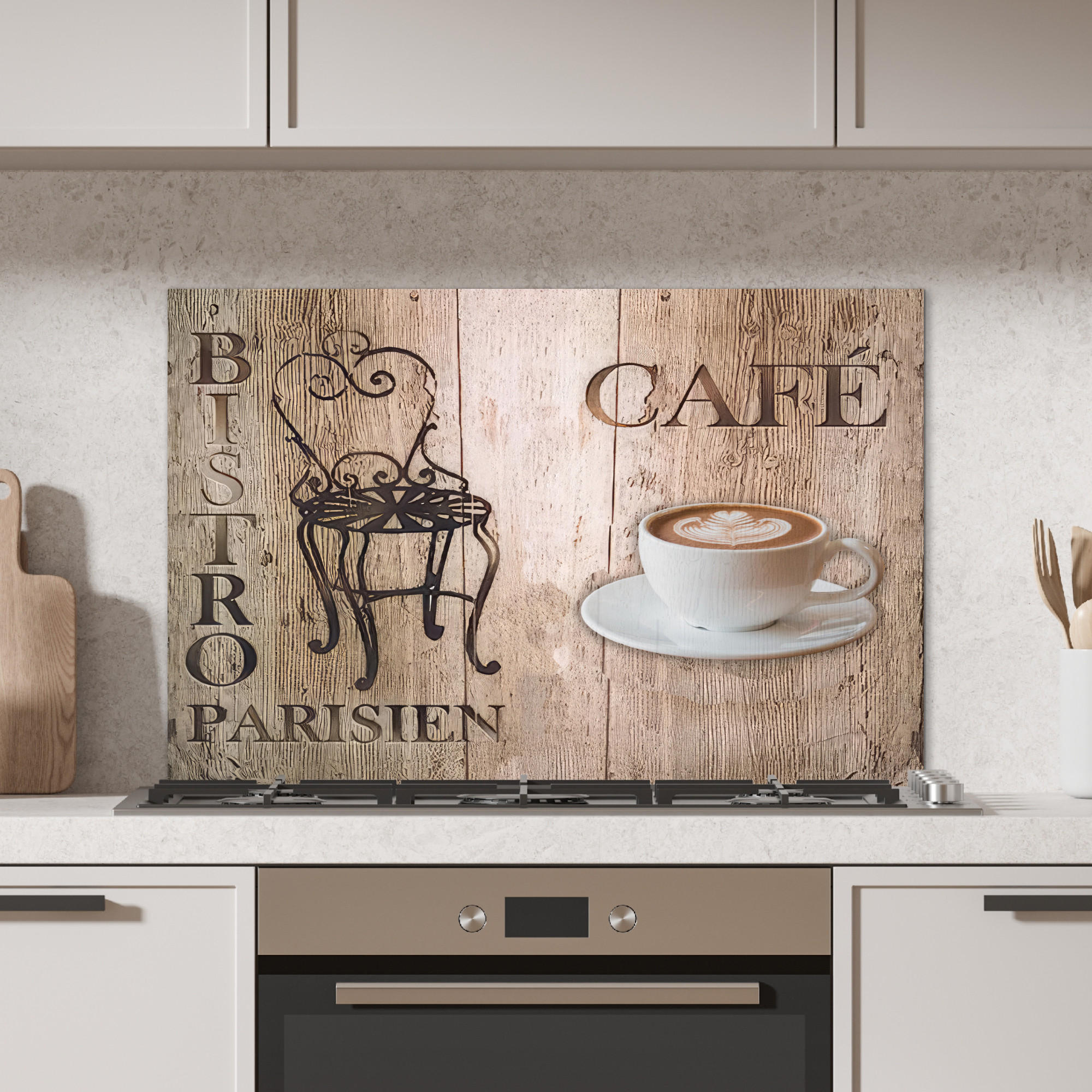 SPRITZSCHUTZ KÜCHE Bistro Parisien - Café - Kaffee - Jahrgang 80x55 cm - Cappuccino, Metall (80/0.3/55cm) - MuchoWow
