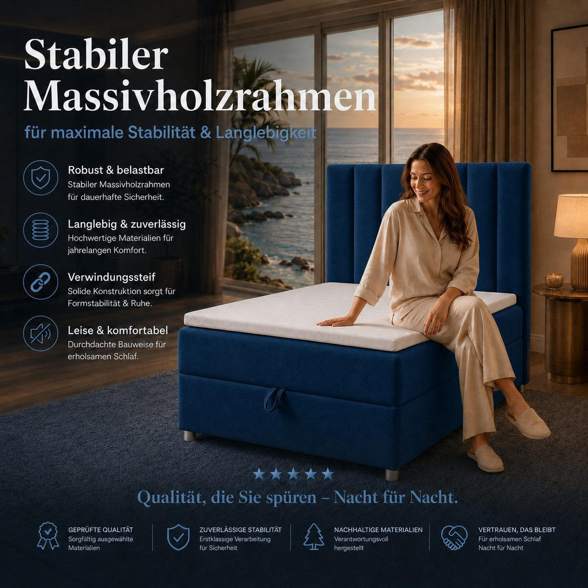 BOXBETT mit Bettkasten Trinity K-10 SINGLE Bonellfederkern inkl. Topper - Blau, Holz/Holzwerkstoff (90/200cm) - Best For Home