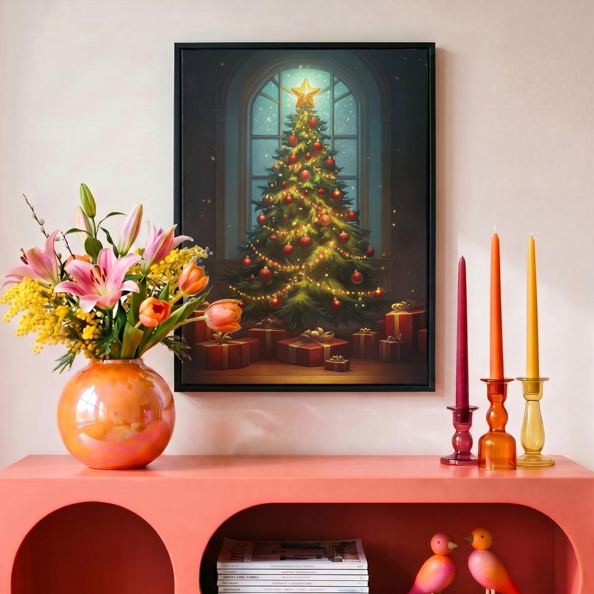 LEINWAND Bilder mit Rahmen - Weihnachtsbaum - Geschenk - Winter - 30x40 - Grün, Textil (30/40cm) - MuchoWow