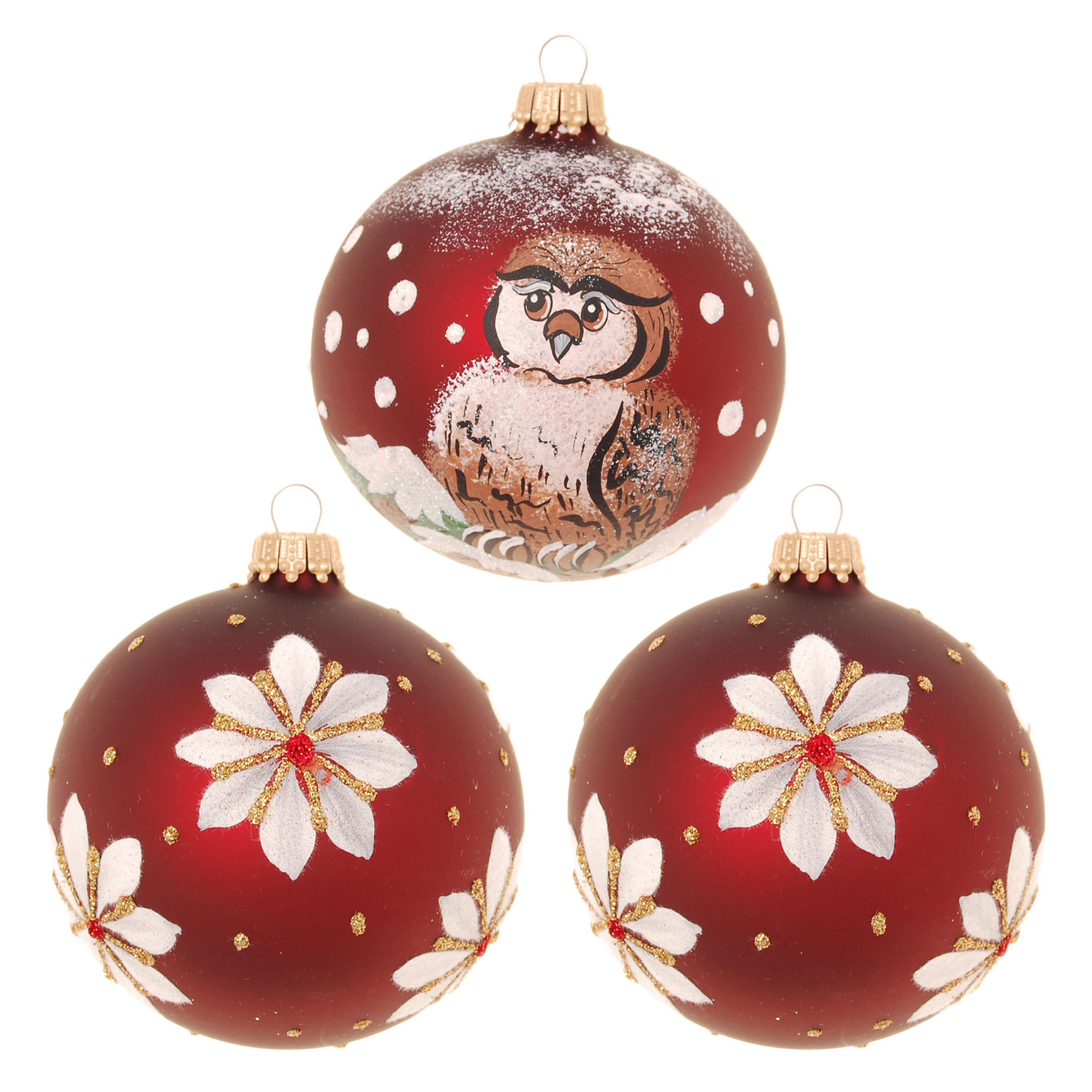 CHRISTBAUMKUGELN Eule und Blüten Braun 8cm (Glas / 3 Stk.) - Braun, Glas (8/8/8cm) - Krebs Glas Lauscha