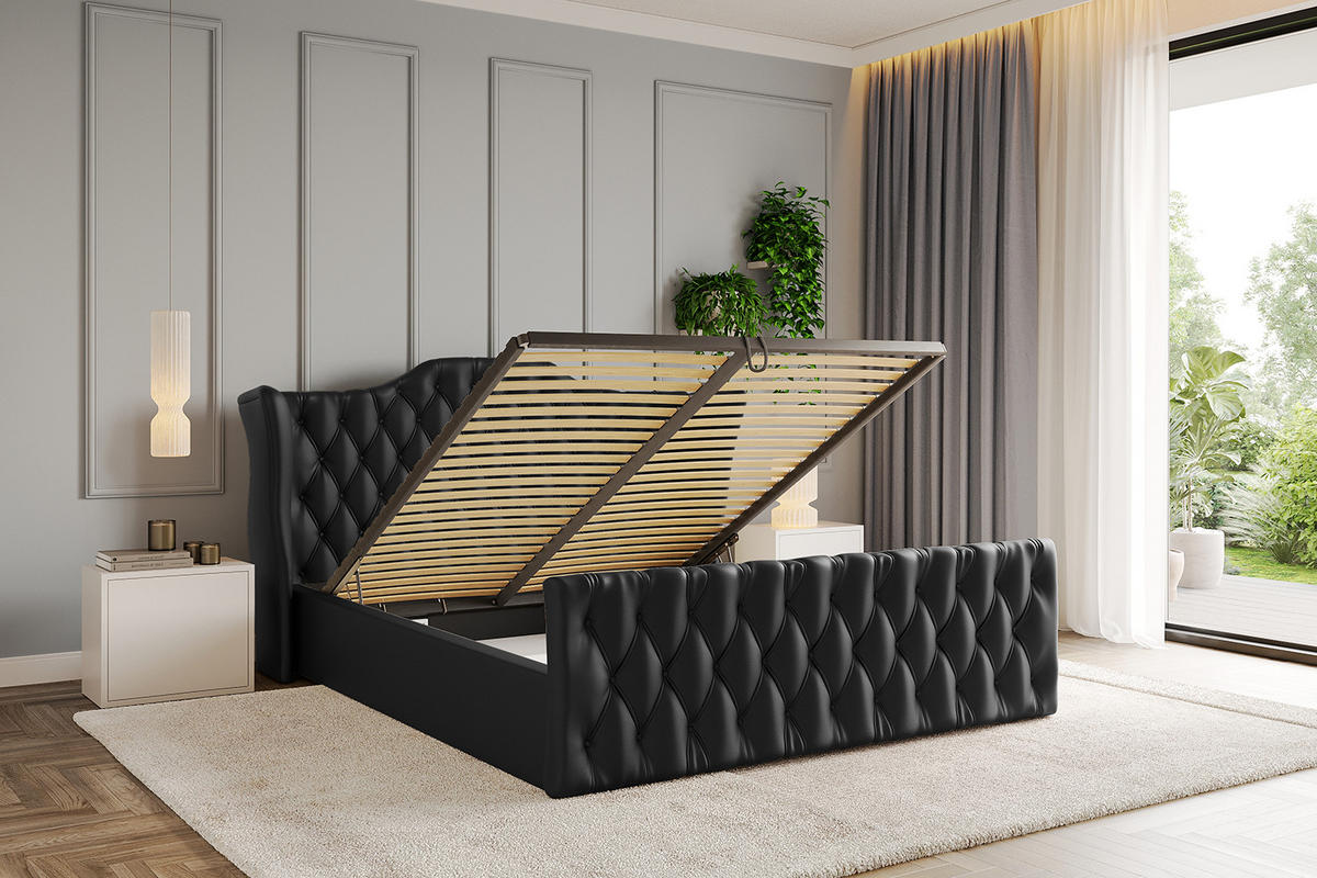 POLSTERBETT mit Bettkasten, Fußteil und Lattenrost, Boxbett mit Matratze H3/H4 - ZORAN-Z 180x200 Schwarz Kunstleder - Schwarz Hochglanz, Holzwerkstoff/Textil (180/200cm) - ALTDECOR