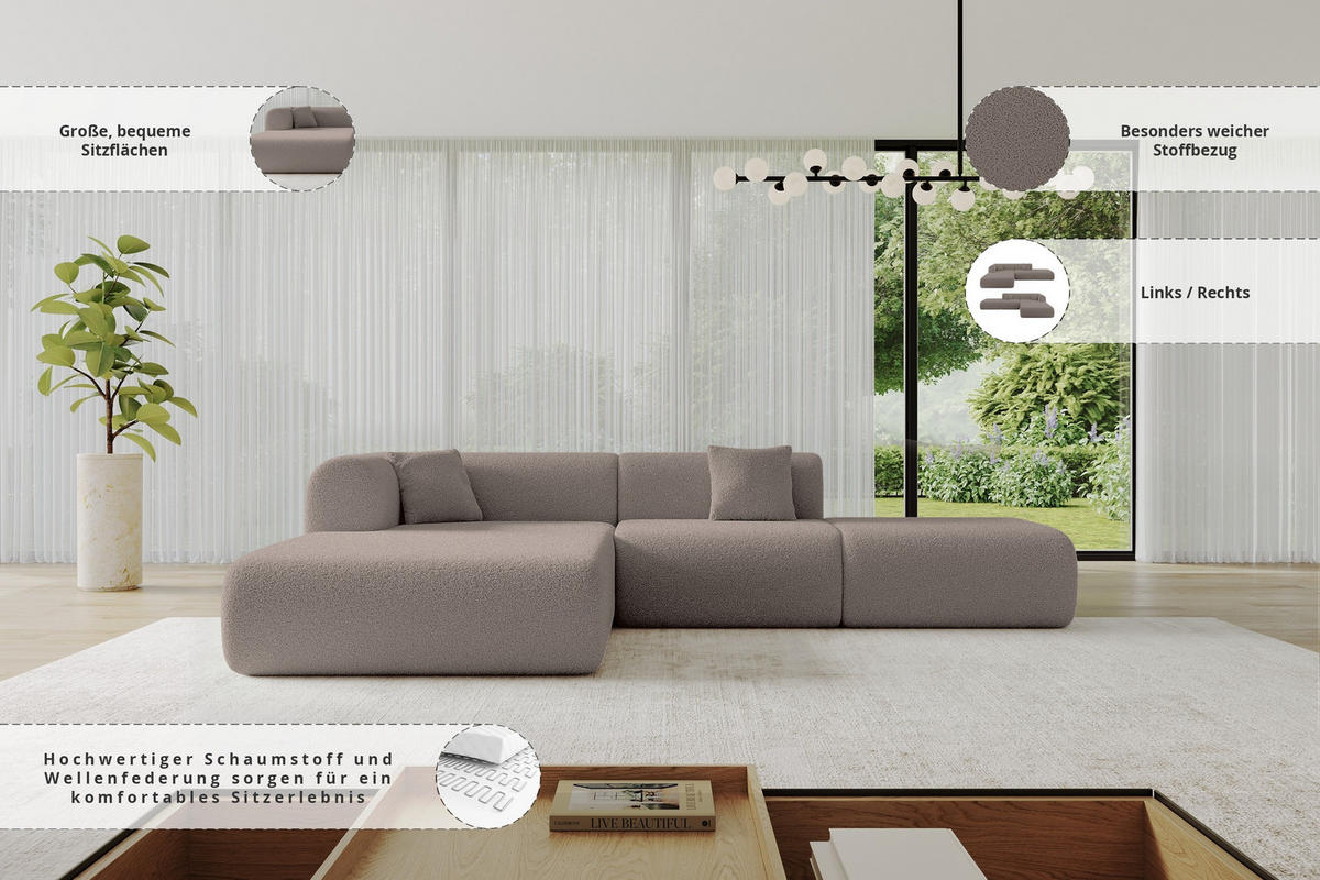 ECKSOFA Ottomane Links OVLY-L 289x176x71 Braun Bouclé - Schwarz/Braun, Holzwerkstoff/Kunststoff (176/289cm) - ALTDECOR