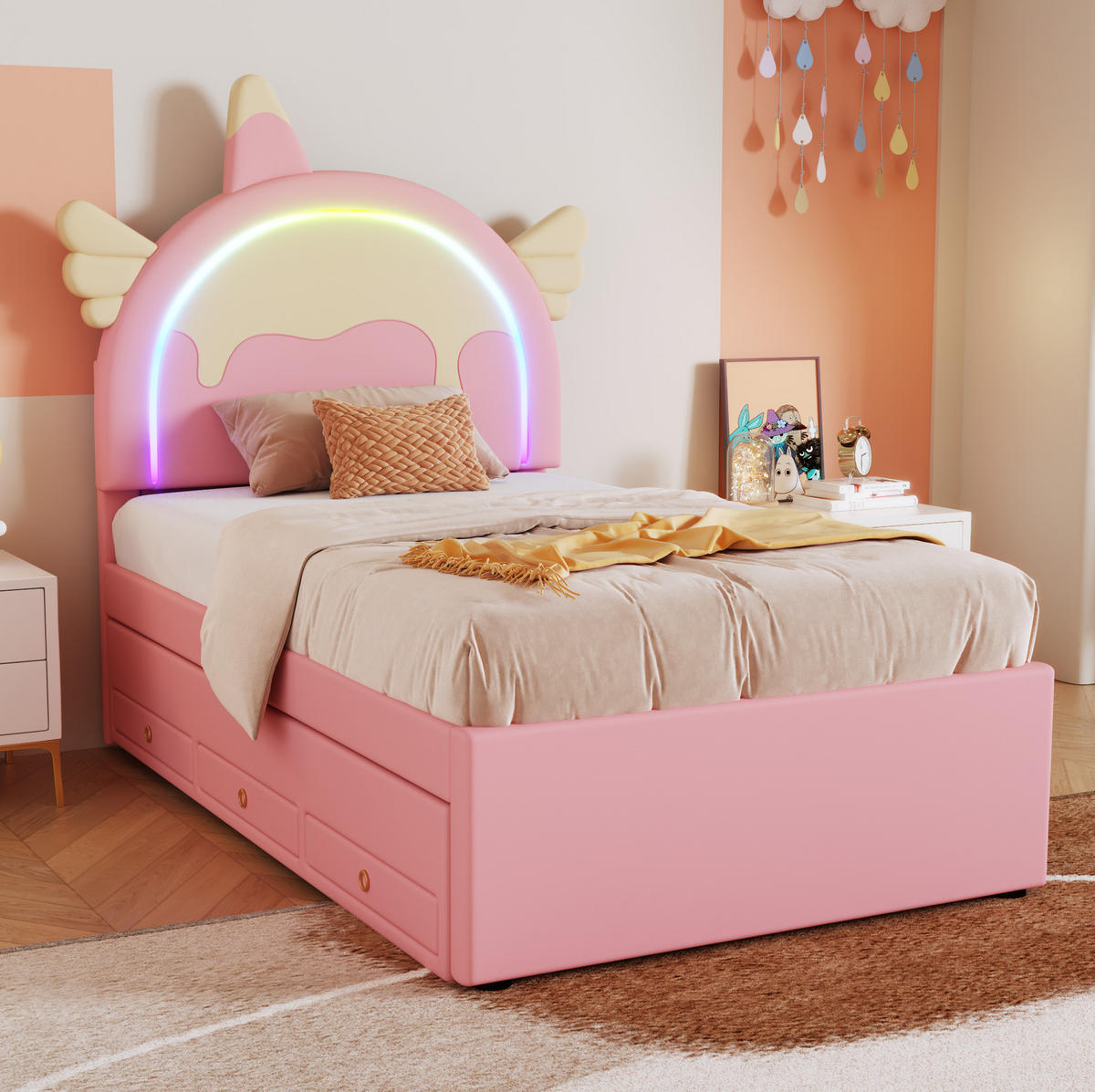 KINDERBETT 90/200 cm in Rosa mit Rollbett und Einhorn-Kopfteil - Rosa, Kunststoff (90/200cm) - BEAOK