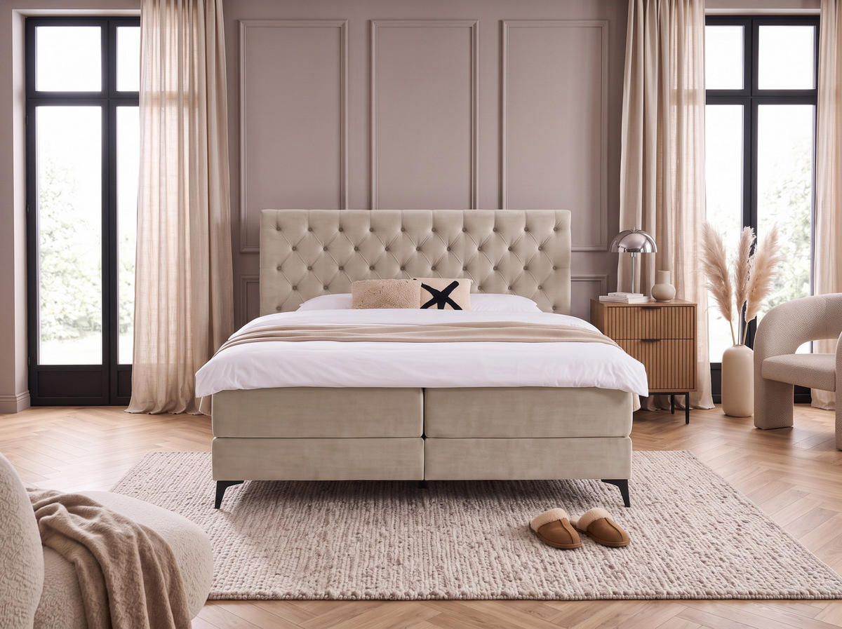 BOXBETT Amber Beige 200/200 cm Samt mit Bettkasten, mit Matratze, mit Premium Topper H2/H3 - Beige/Schwarz, Textil (200/200cm) - wonello