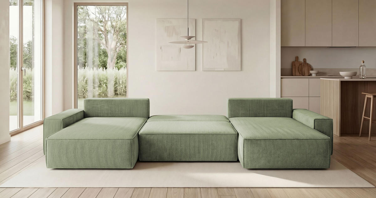 ECKSOFA CALIFORNIA U-Form hellgrün Cord POSO 47 - Schlaffunktion, Bettkasten - Hellgrün, Textil (385/185cm) - Cornero