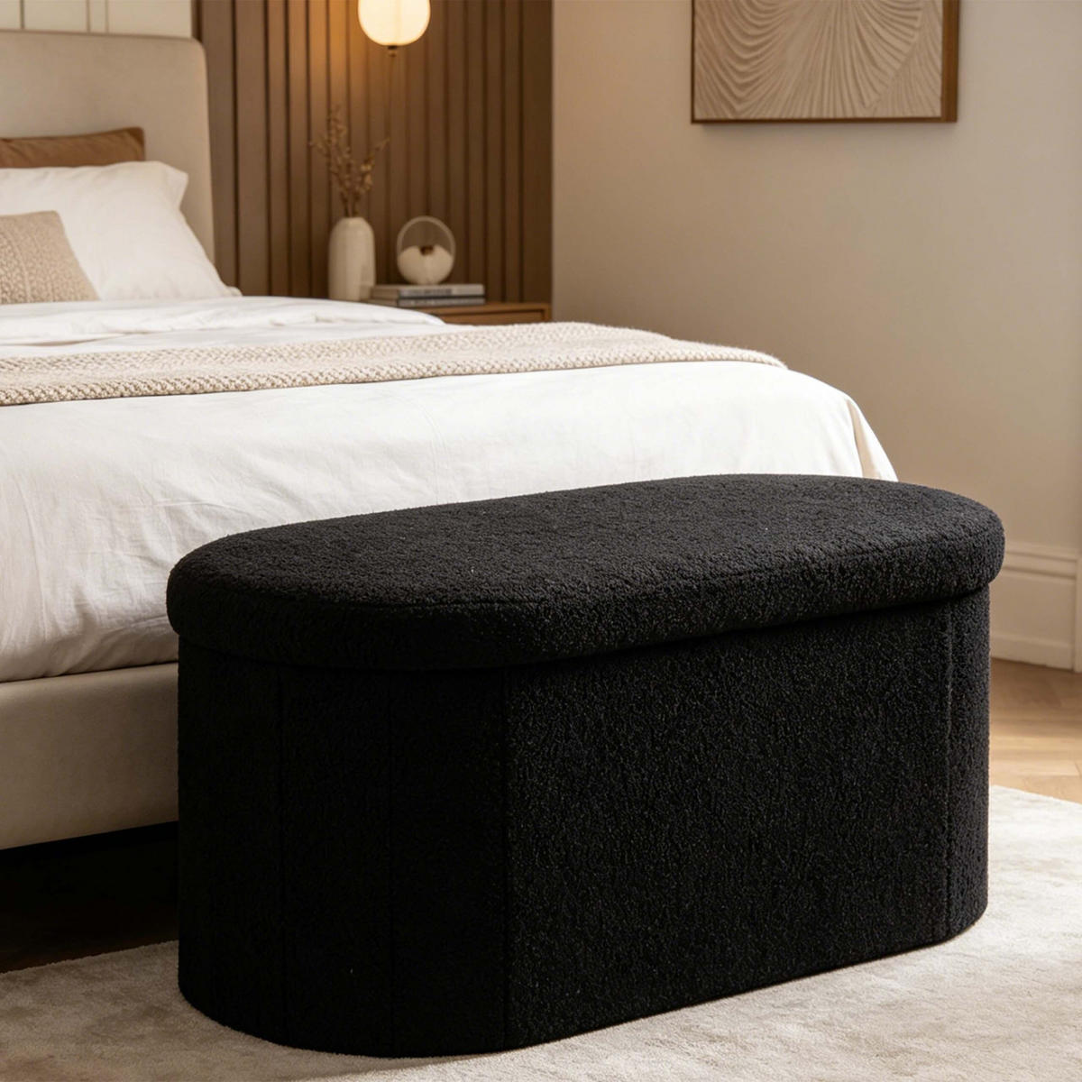 LAVICE Černá s úložným prostorem teddy čalounění 76 cm - černá, kompozitní dřevo/textil (76/38/38cm) - Relaxdays
