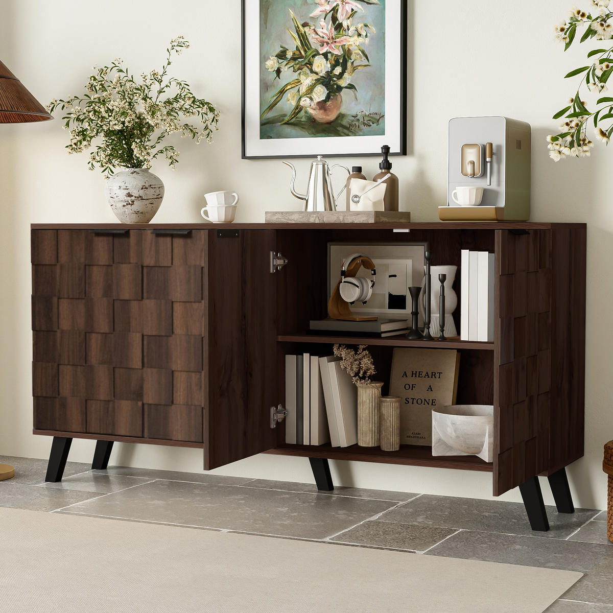 SIDEBOARD 160cm 4 Türen dunkle Holzmaserung modern - Walnussfarben, Holzwerkstoff (35.5/78/160.5cm) - FLIEKS