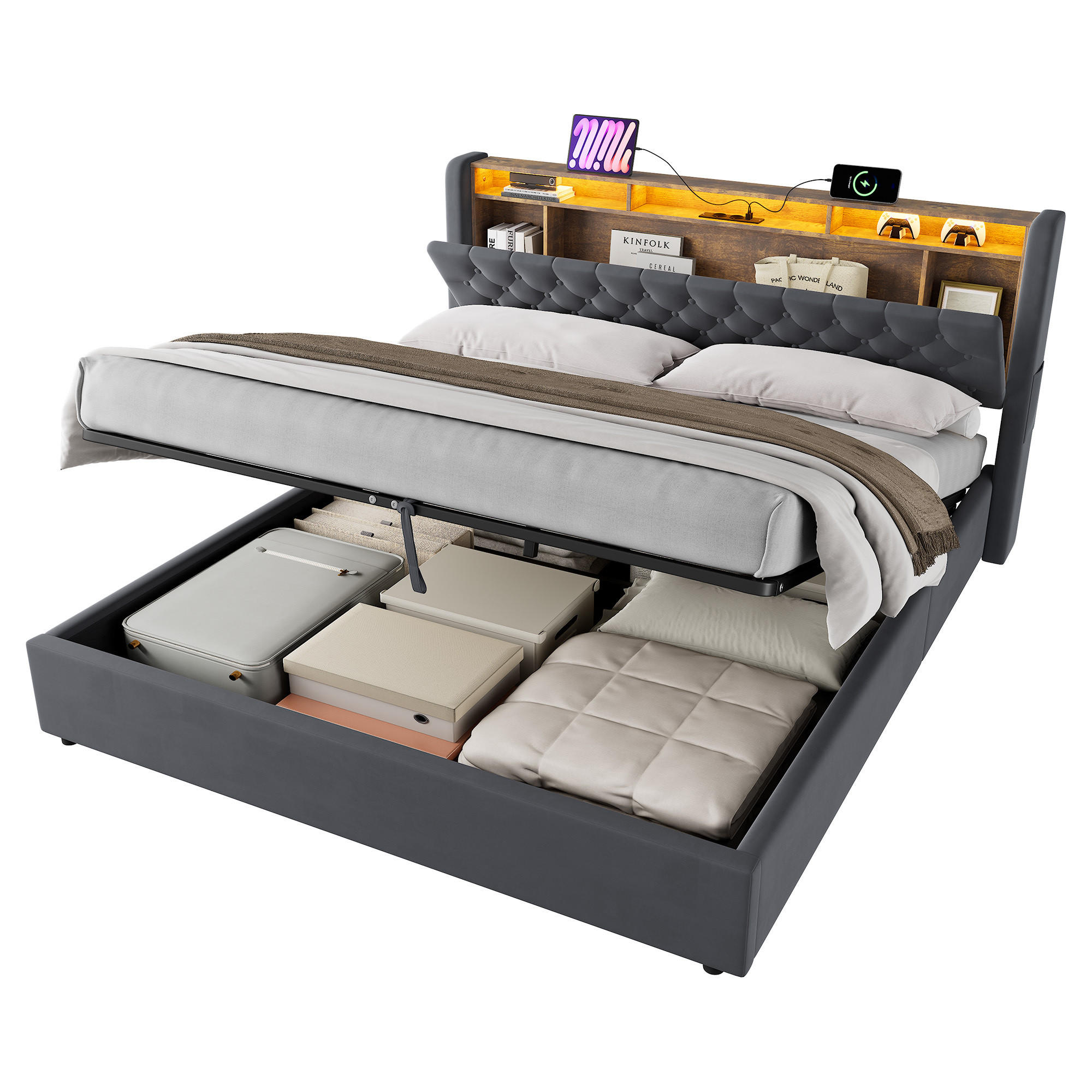 POLSTERBETT 180/200 cm in Dunkelgrau Samt mit Bettkasten, LED-Beleuchtung und USB-Anschluss - Dunkelgrau, Holzwerkstoff/Textil (180/200cm) - CHICFURN