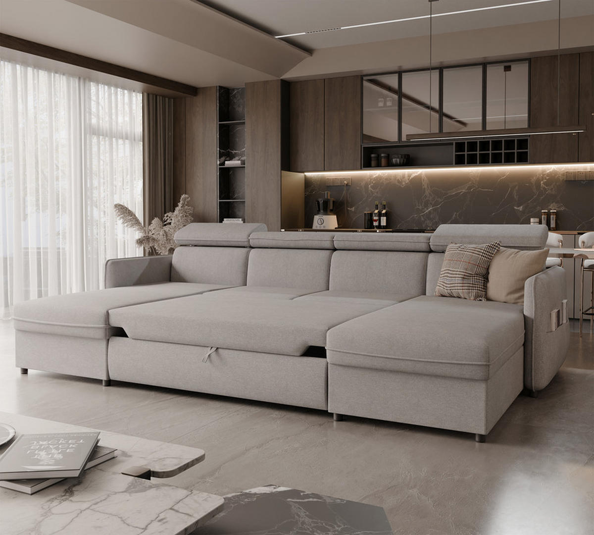 WOHNLANDSCHAFT BENI mit Schlaffunktion und Bettkasten Beige - Beige/Schwarz, Kunststoff/Textil (286/60/166cm) - Idohome