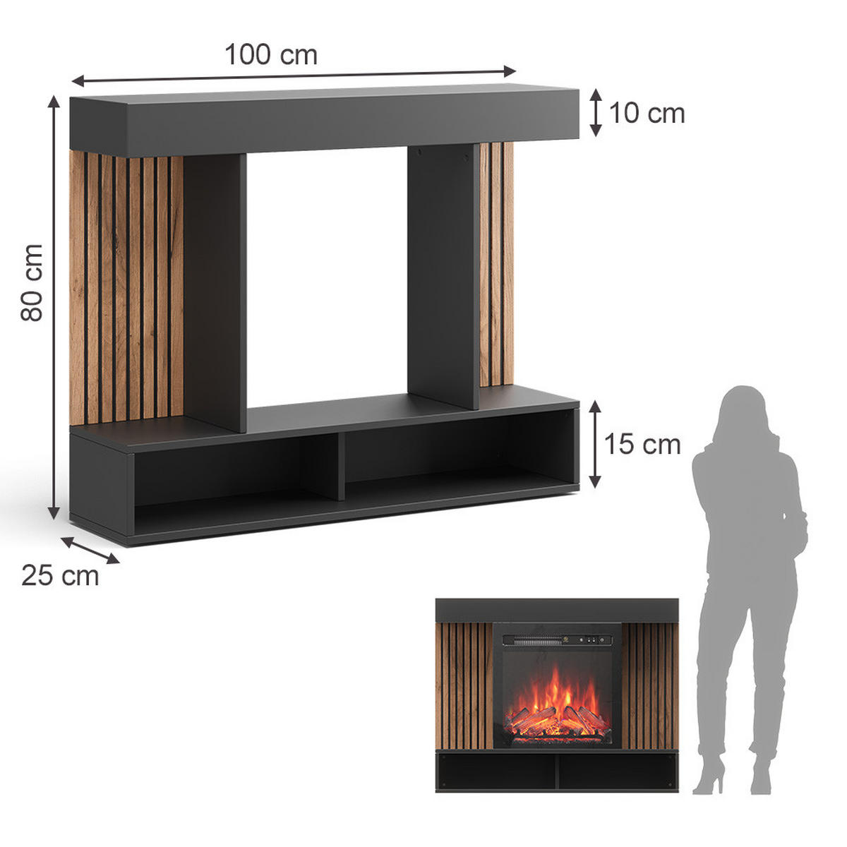 ELEKTROKAMIN Lynea Schwarz 100 cm mit realistischem Flammeneffekt und Heizung 1800W - Schwarz, Holzwerkstoff (100/80/25cm) - Vicco