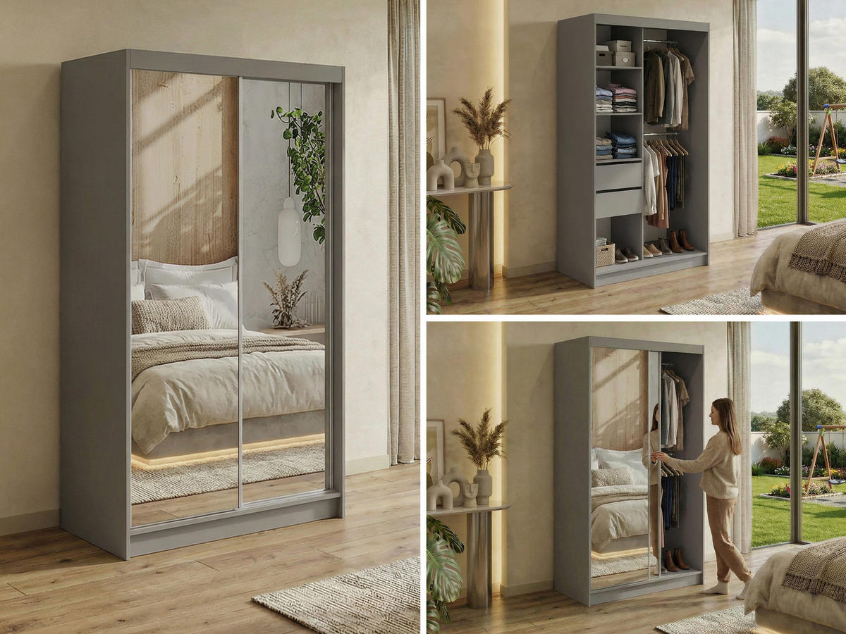 SCHWEBETÜRENSCHRANK mit Schubladen 120 - DUBROWNIK - Grau mit Spiegel - Alufarben/Grau, Holzwerkstoff/Metall (120/216/61cm) - MKS
