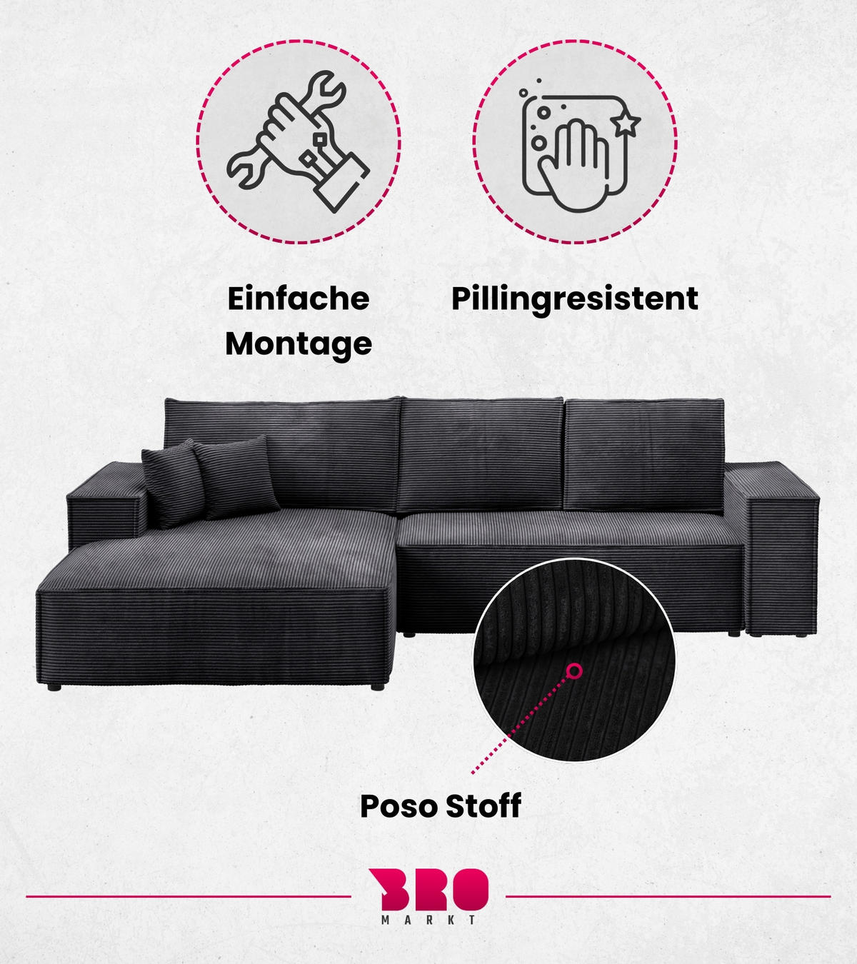 ECKSOFA Pablo mit Schlaffunktion Schwarz Cord - Schwarz, Textil (294/185cm) - Bromarkt