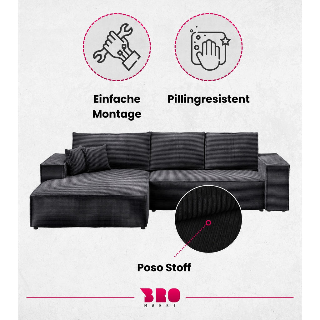 Thumbnail - Bromarkt Ecksofa, Schwarz, Textil, 3-Sitzer, Ottomane links, 294x185 cm, Wohnzimmer, Sofas & Couches, Wohnlandschaften, ...