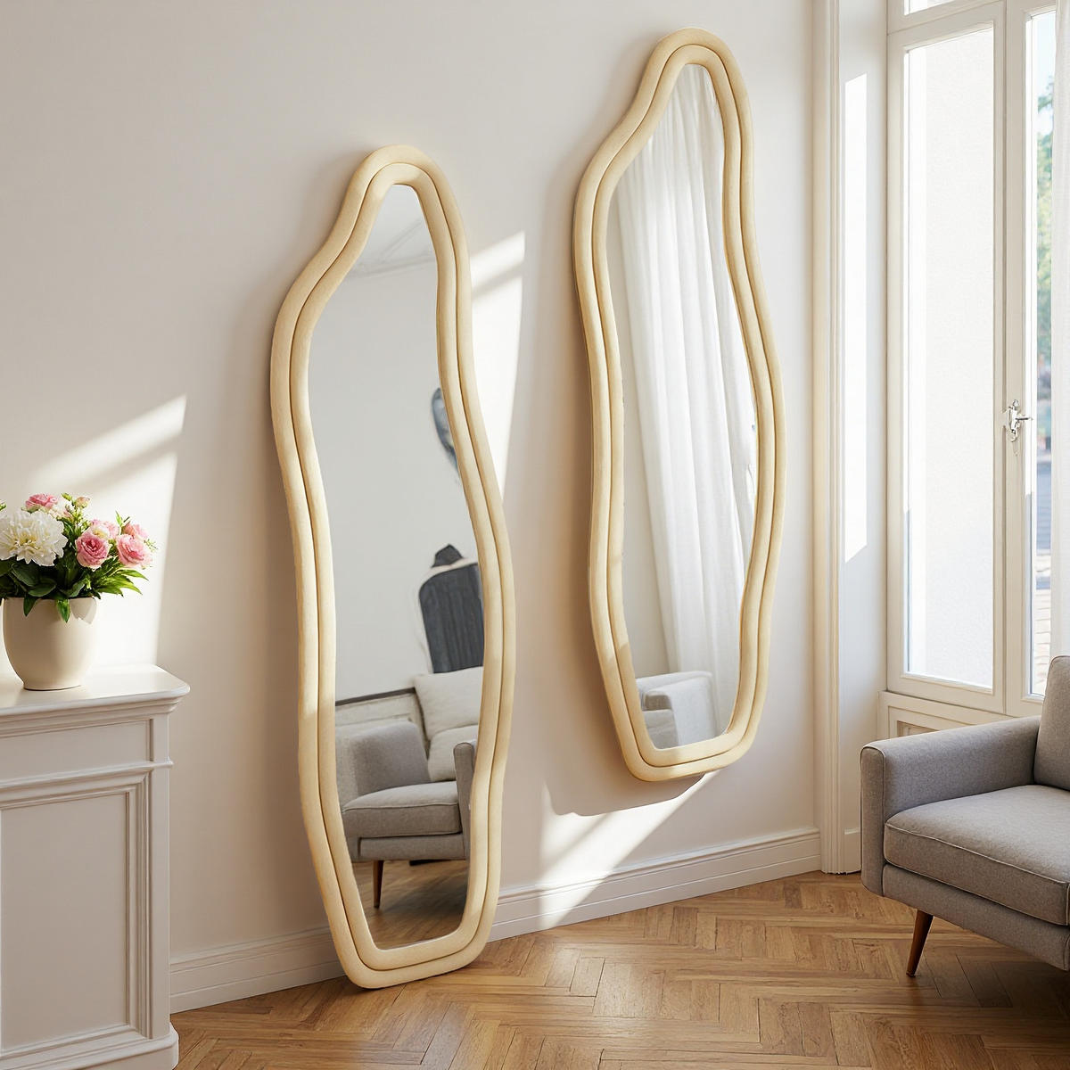 STEHSPIEGEL 45x140cm Samtrahmen Beige, Freistehend & Wandmontage - Gelb, Glas (3/140/45cm) - SHOPENTRA
