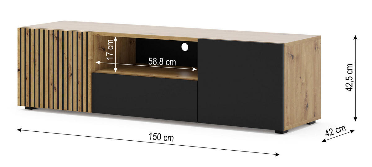 TV-LOWBOARD AURIS Eiche hell, Schwarz 150x42x42 cm - Eichefarben/Schwarz, Holzwerkstoff (150/42/42cm) - FURNLUX
