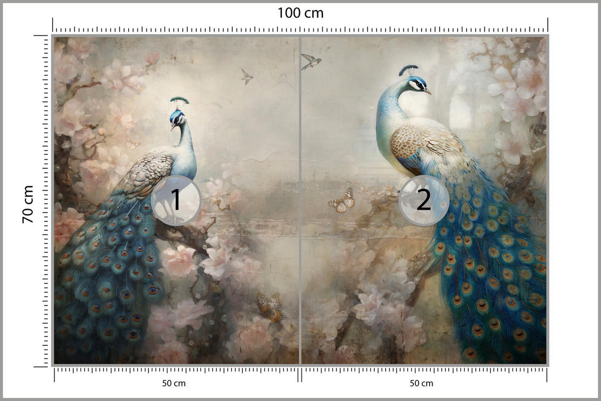 FOTOTAPETE Abstrakte Pfauen Blumen Beton Vintage 100x70 - Blau/Beige, Papier (100/70cm) - Muralo