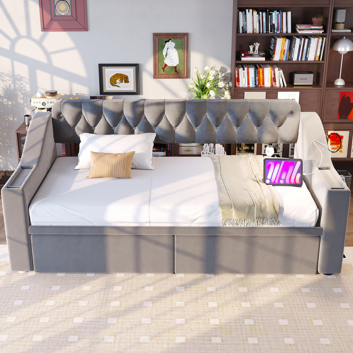POLSTERBETT 90/190 cm aus Samt mit Stauraum und USB- und Type-C-Anschlüssen - Hellgrau, Textil (90/190cm) - Flora Grace