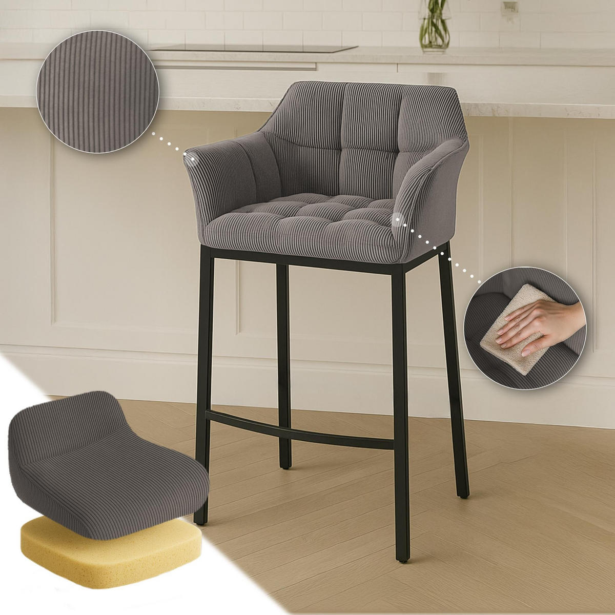 BARHOCKER Damaso Cordbezug 110x64x48 cm taupe - Taupe, Metall (64/110/48cm) - furnicato