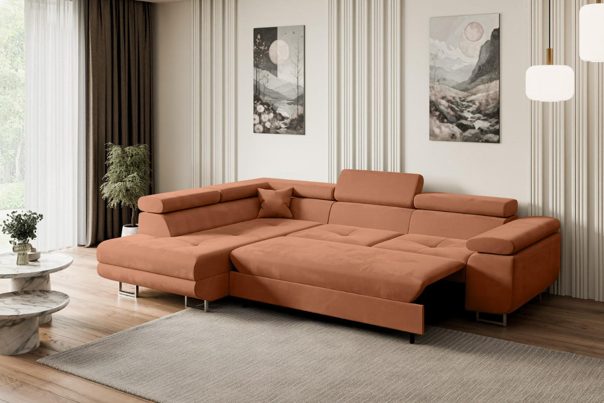ECKSOFA mit Schlaffunktion und Bettkasten GUSA-L 272x202x107 cm Koralle Velours - Koralle/Silberfarben, Holzwerkstoff/Textil (202/272cm) - ALTDECOR