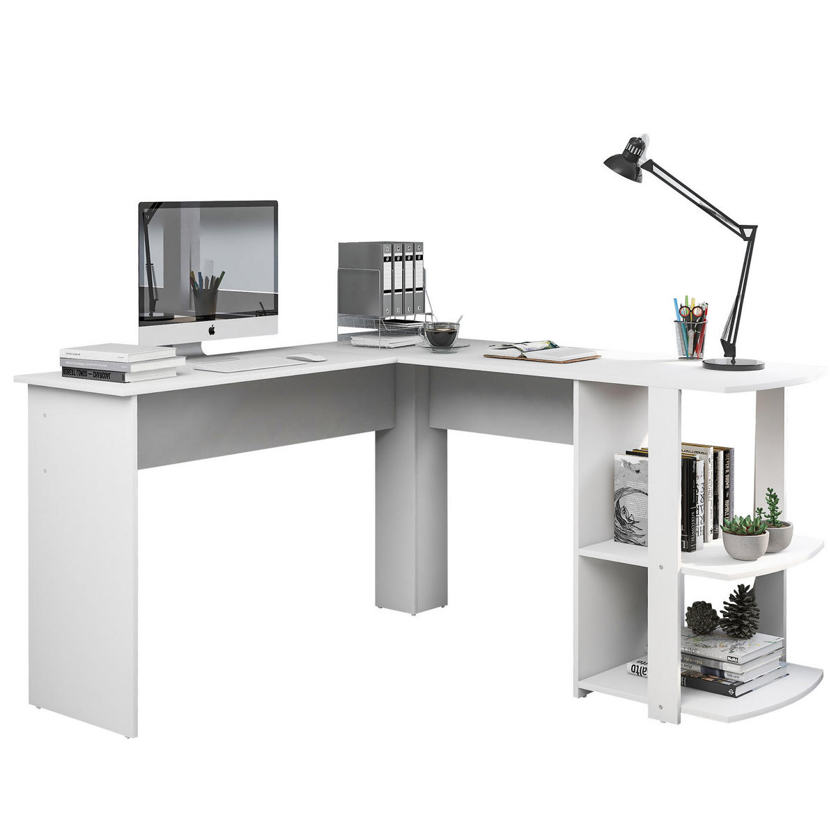 ECKSCHREIBTISCH 140/50/75 cm weiß mit 2 Ablagen L-förmig - Weiß, Holzwerkstoff (140/140/75cm) - OKWISH
