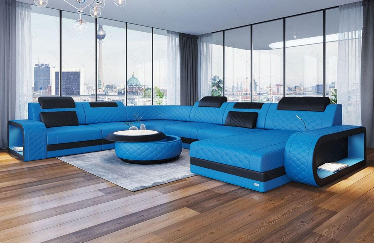 WOHNLANDSCHAFT Berlin U-Form Mini Blau Schwarz Kunstleder - Blau, Textil (264/80/362cm)