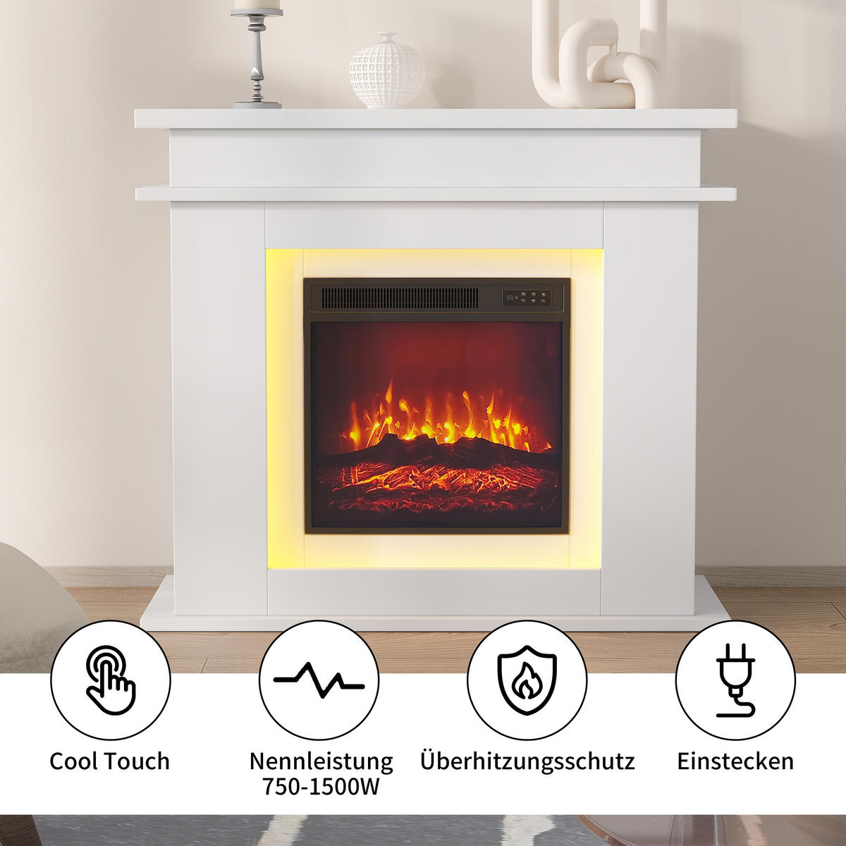 ELEKTROKAMIN freistehend 3D Flamme LED Dekokamin weiß - Weiß, Holz (34.5/88.8/101cm) - LEBENLANG