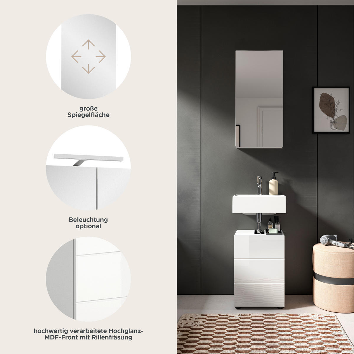 BADKOMBINATION 2tlg. Vira Bad in weiß Melamin und weiß hochglanz B/H/T: 38x190x34 cm - Weiß, Holz (38/190/34cm)