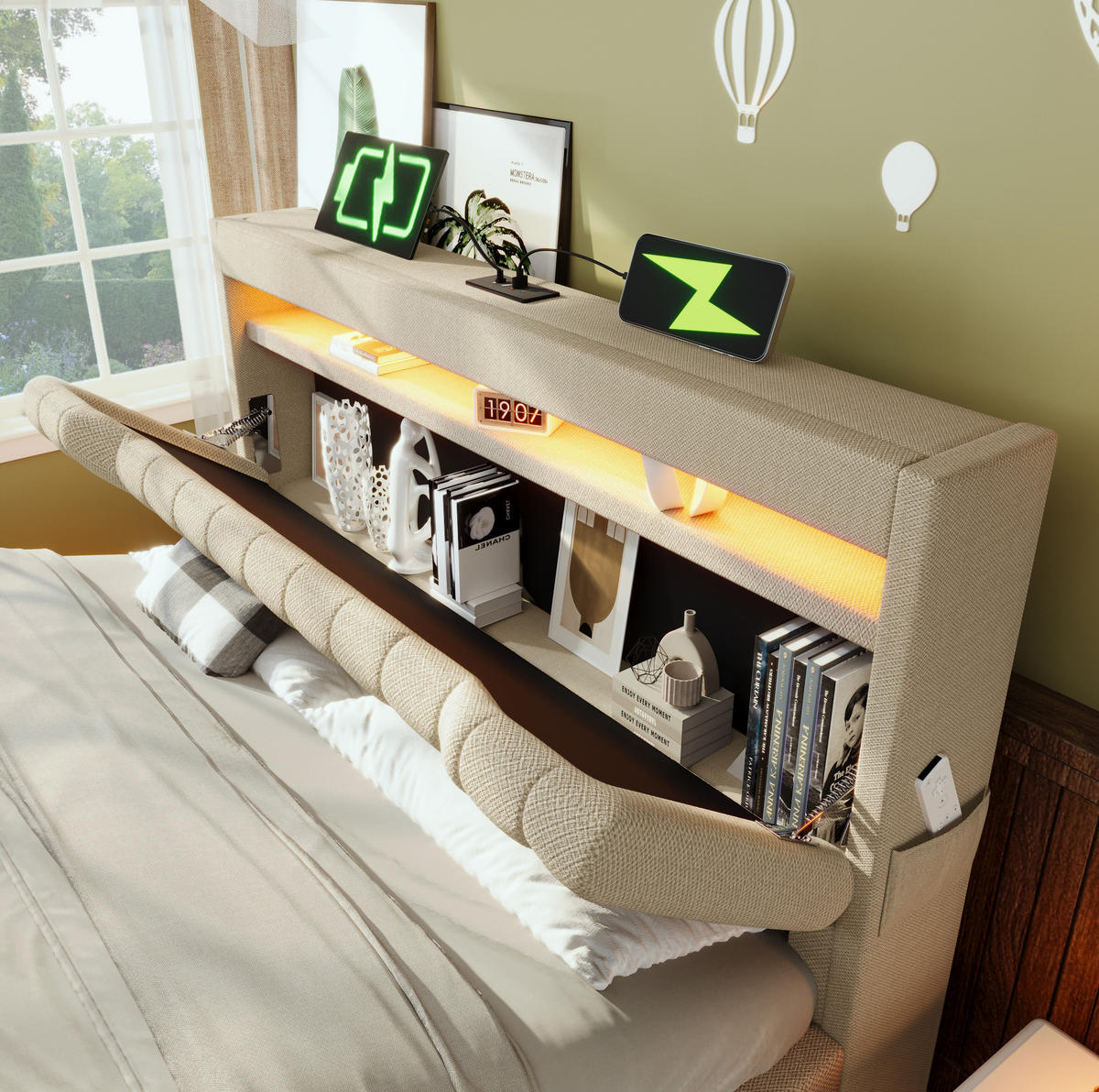 POLSTERBETT 180/200 cm Beige aus Leinen mit LED und Bettkasten - Beige, Textil (180/200cm) - OKMYHOME