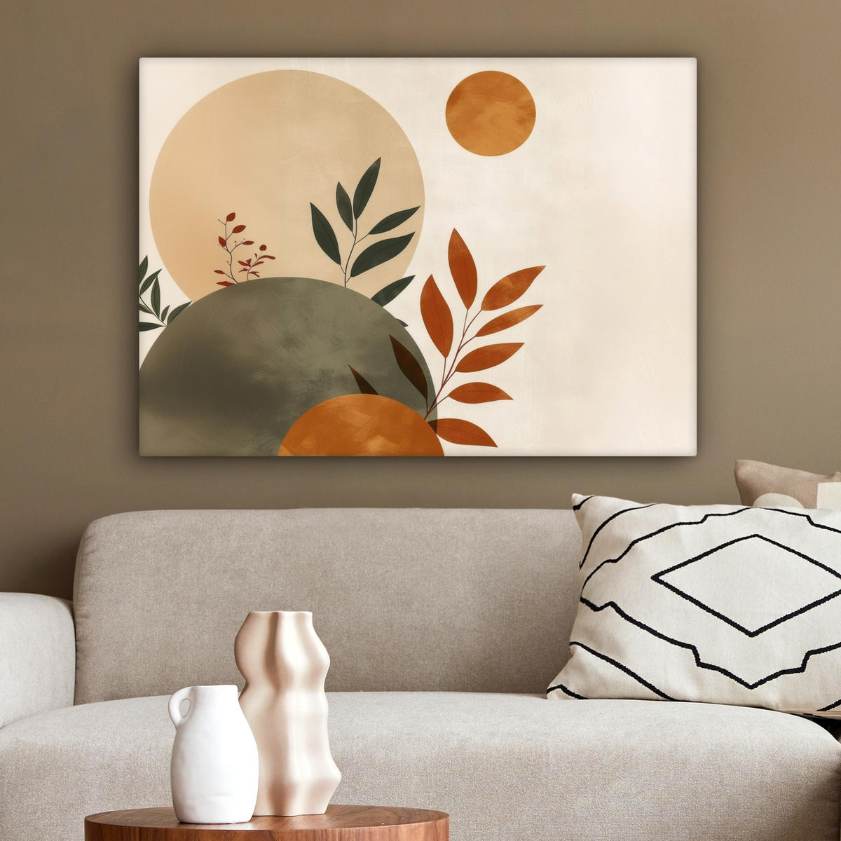 LEINWANDBILD Formen - Rund - Blätter - Beige Wandbilder 80x60 cm - Rostfarben, Textil (80/60cm) - MuchoWow