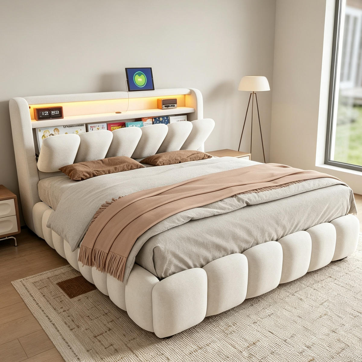 BOXBETT 180/200 mit LED/USB-C, Samt, Beige - Beige, Holz (180/200cm) - LVHOM