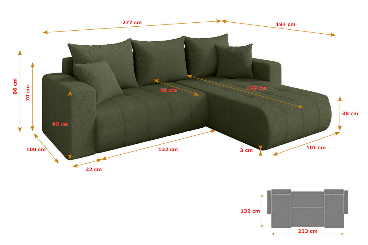 ROHOVÁ SEDAČKA s funkcí spaní, otoman vpravo MILA-L 277x194x86 zelená bouclé - černá/zelená barva, kompozitní dřevo/textil (277/194cm) - ALTDECOR