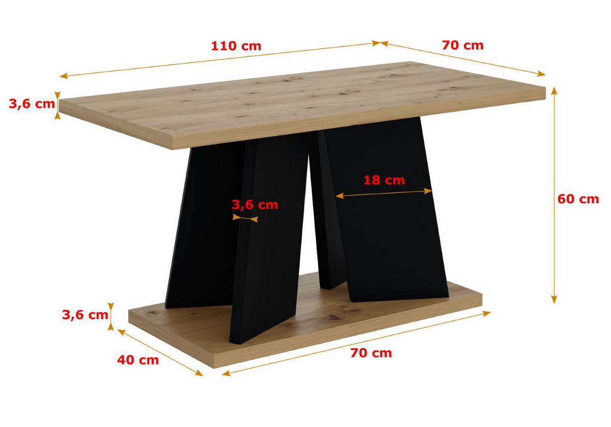 KAFFEETISCH 110x70x60 cm - Artisan Eiche Optik / Schwarz - UFOM - Eichefarben, Holzwerkstoff (110/70/60cm) - ALTDECOR