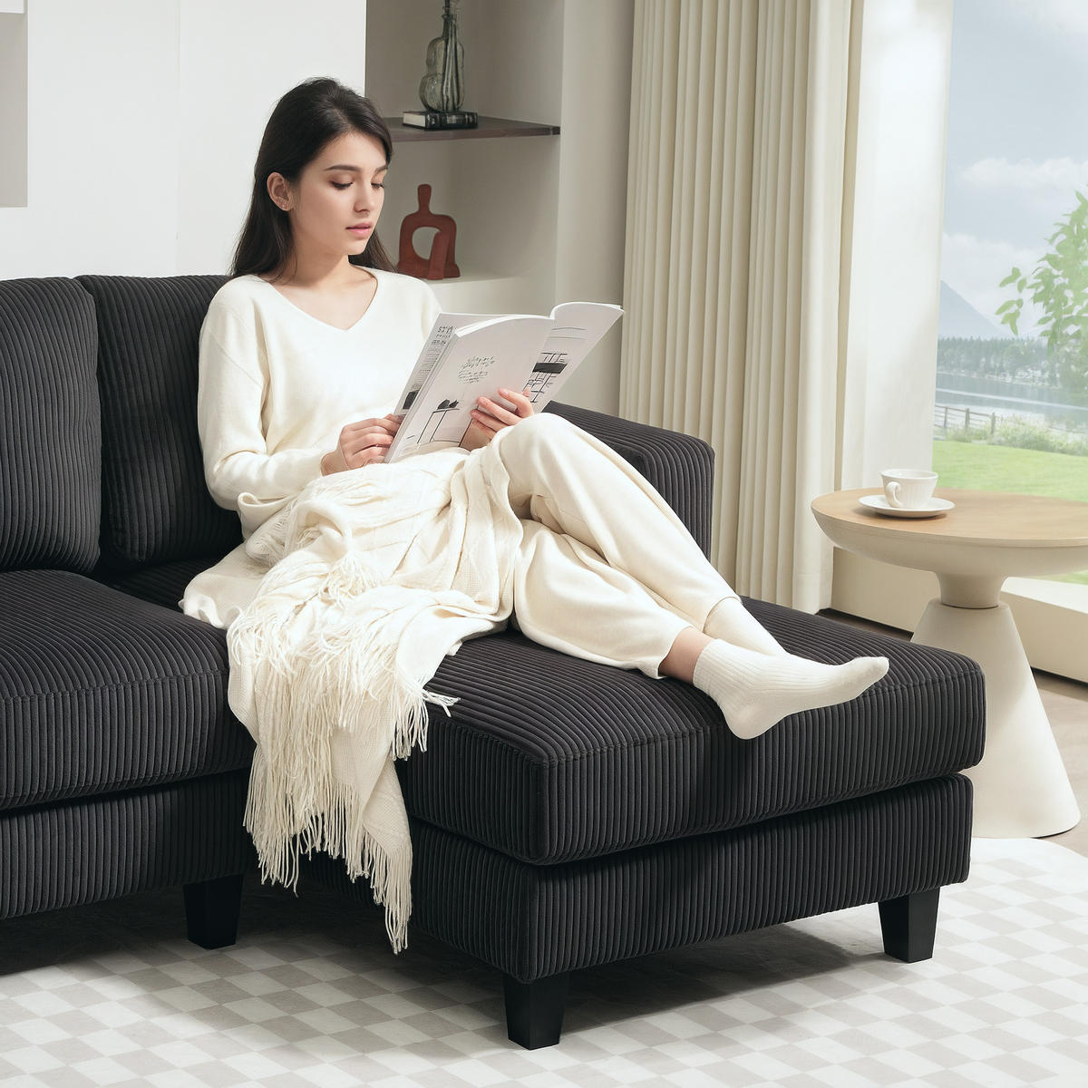 ECKSOFA Couch mit Chaiselongue 3 Sitzer Sofa L Form, 214 x 134 x 87 cm Dunkelgrau - Dunkelgrau, Kunststoff (214/134cm) - HOMCOM