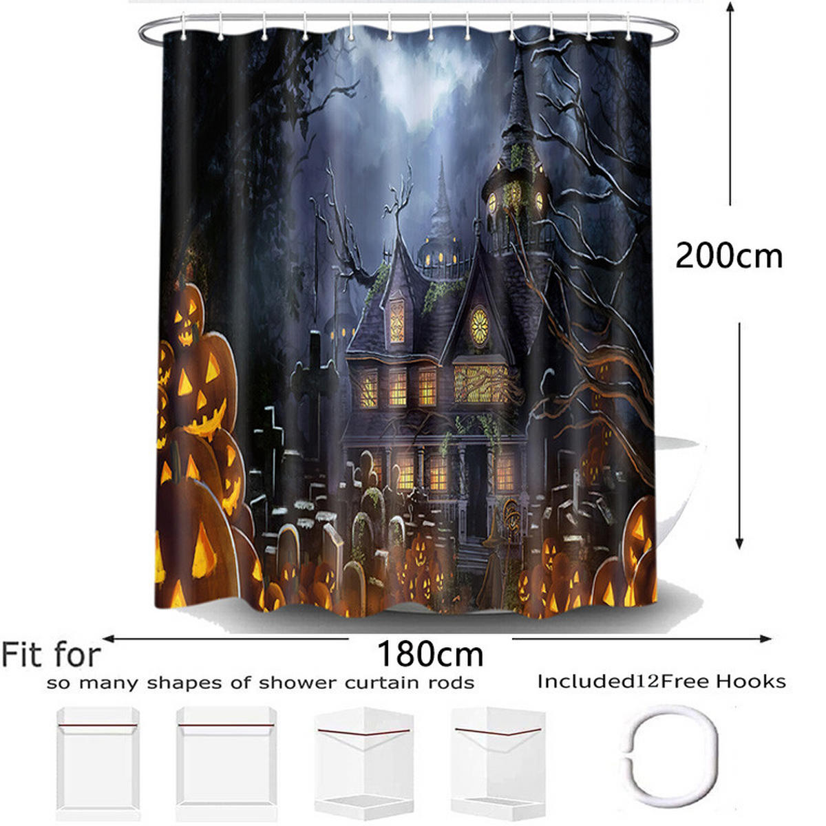 DUSCHVORHANG 180 x 200 cm Halloween Polyester wasserdicht schimmelresistent mit Haken Badezimmer - Multicolor, Textil (180/200cm) - MCBOSON