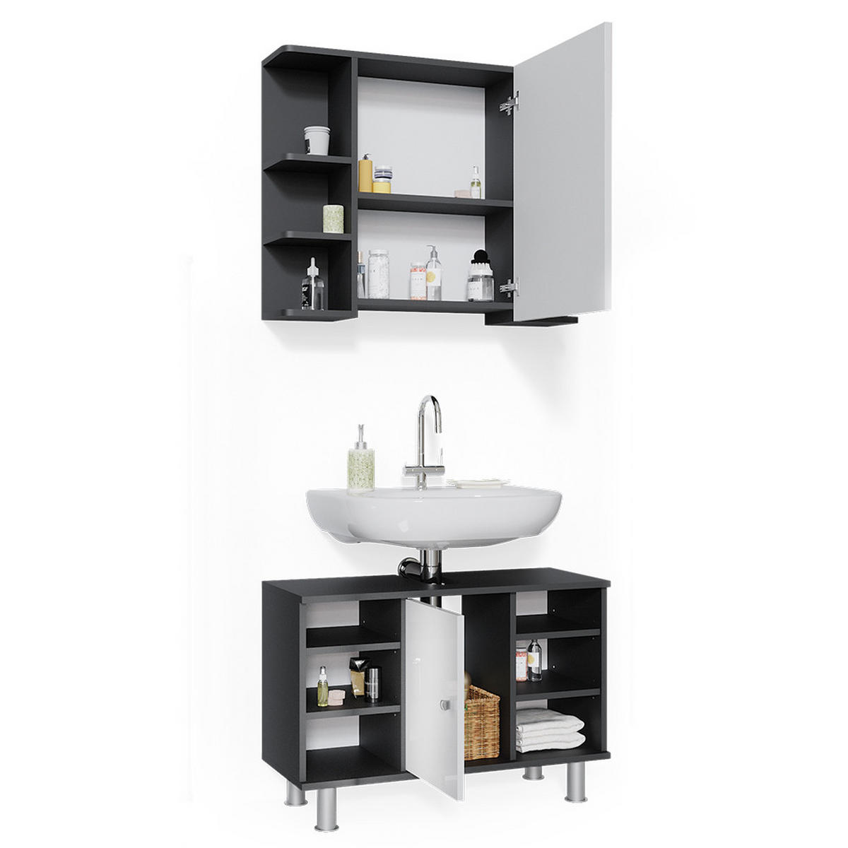 BADMÖBEL-SET Fynn Anthrazit 2 Teile, Unterschrank 80 cm - Anthrazit/Weiß, Holzwerkstoff (60/54/32cm) - Vicco