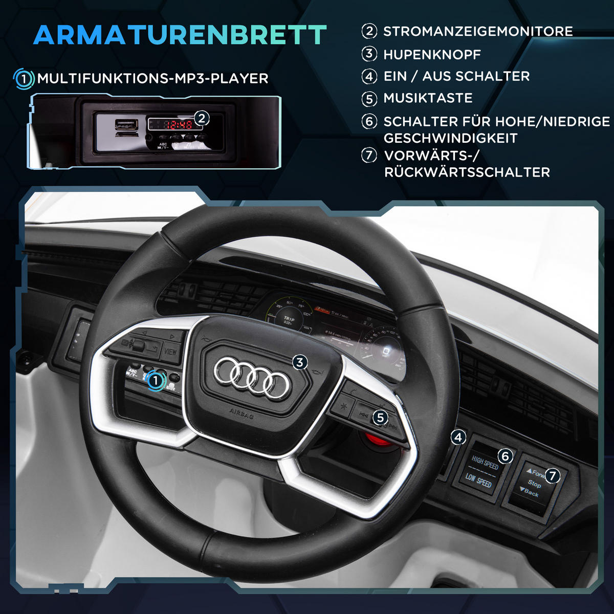 KINDER ELEKTROAUTO, Schwarz/Rot/Weiß, Kunststoff+ Stahl - Weiß, Metall (108/60/47cm) - HOMCOM