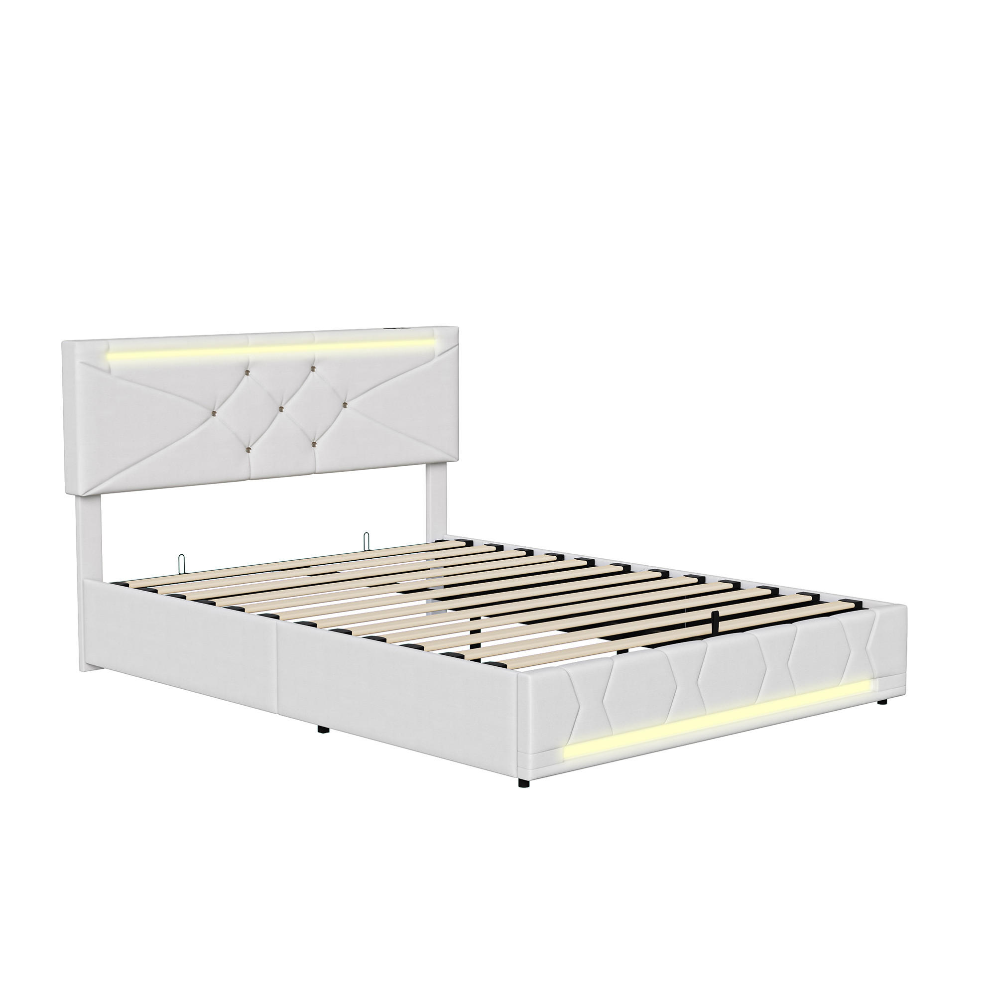 ČALOUNĚNÁ postel 140/200 cm bílá s hydraulickým úložným prostorem, LED osvětlením, výškově nastavitelným čelem a USB portem