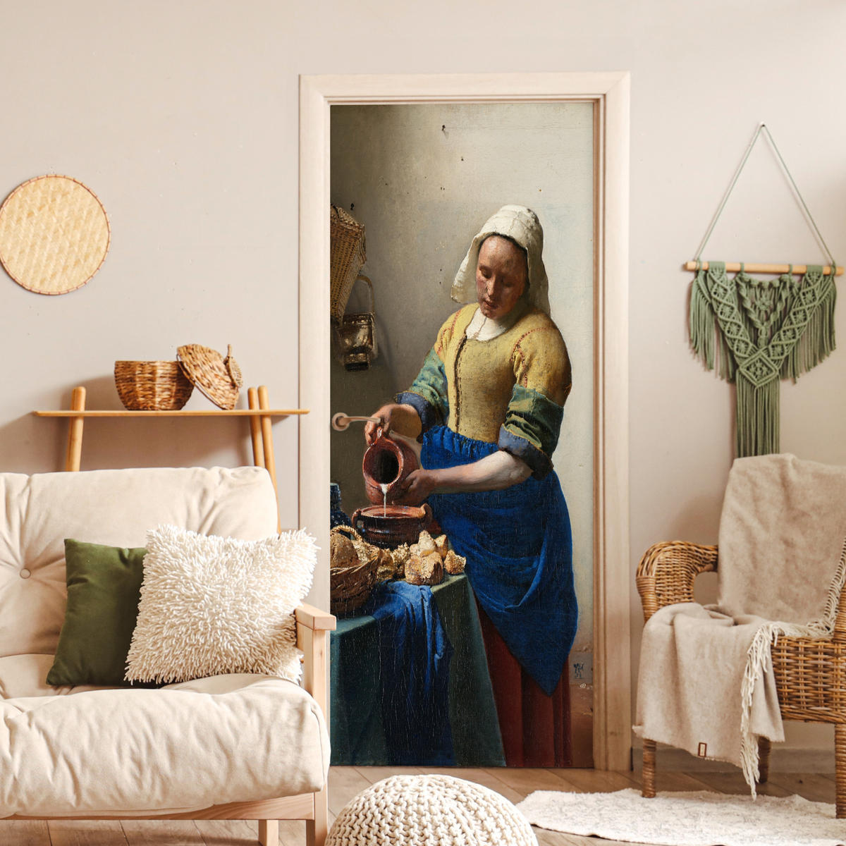 TÜRAUFKLEBER Selbstklebend - Das Milchmädchen - Johannes Vermeer 80x205 cm - Türtapete - Blau, Kunststoff (80/0.1cm) - MuchoWow