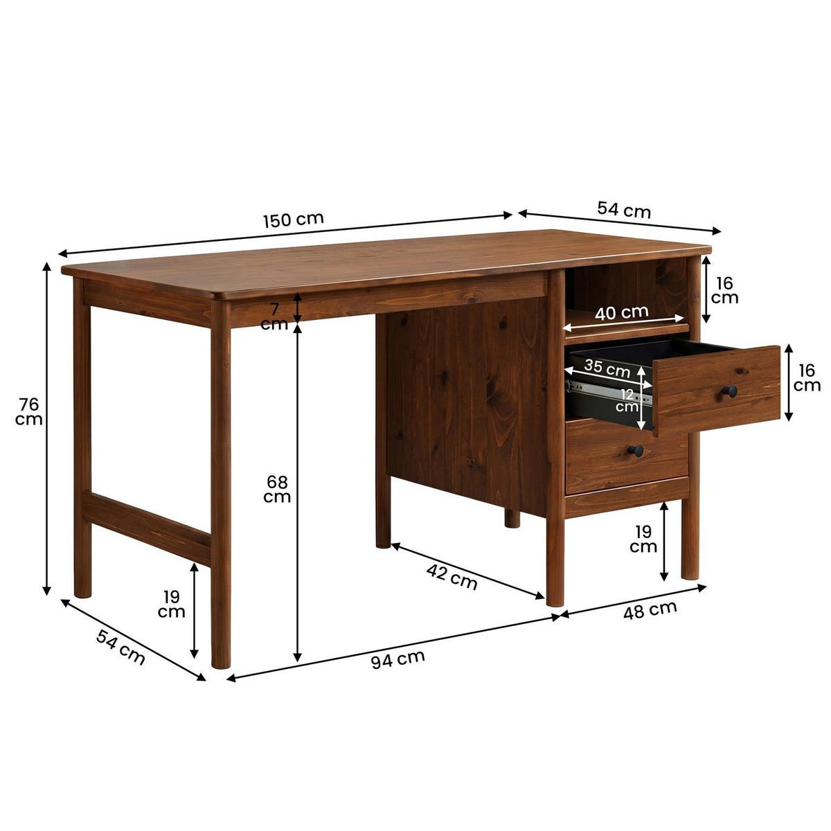 SCHREIBTISCH BOSSA Kastanie - Kastanienfarben, Holz (54/150/76cm) - IDIMEX