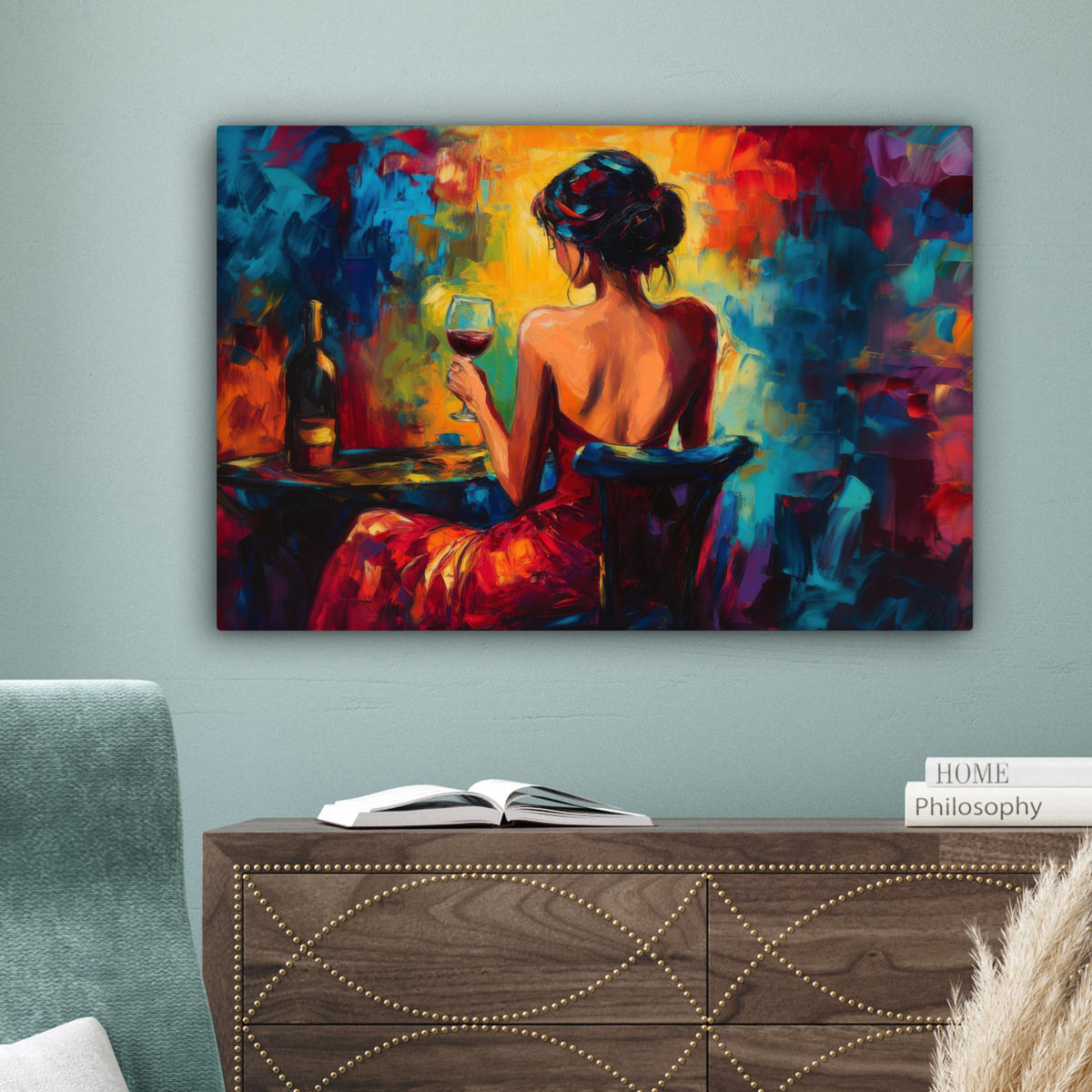 LEINWANDBILD Wein - Frau - Stimmungsvoll - Farbenfroh Gemälde 60x40 cm - Bordeaux, Textil (60/40cm) - MuchoWow