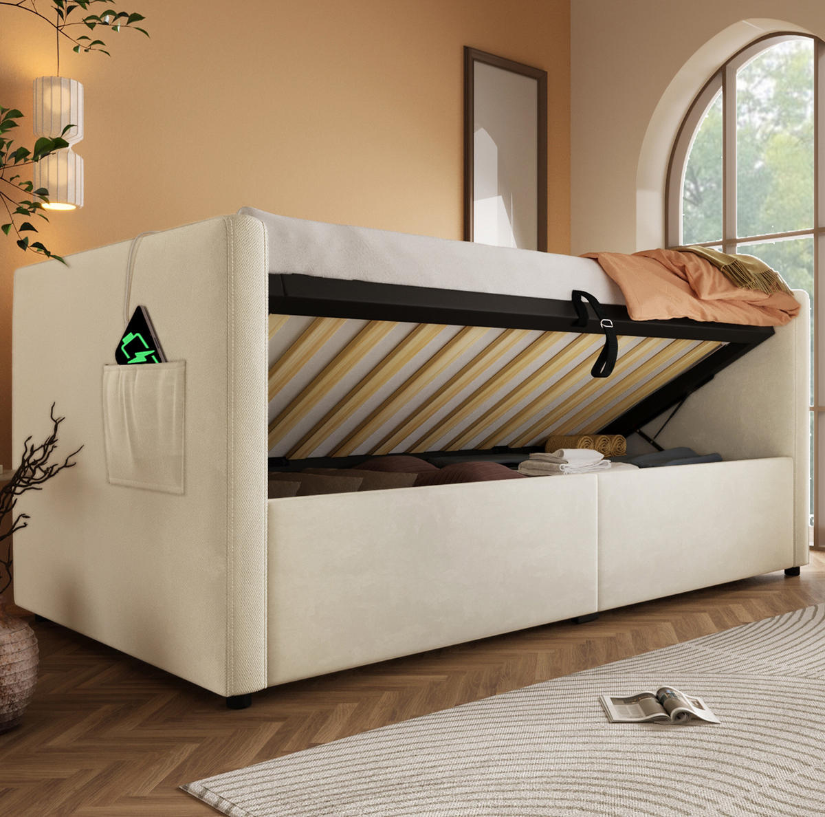 BETT 90/200 cm in Beige mit Stauraum und USB- und Type-C-Anschlüssen - Beige, Textil (90/200cm) - Flora Grace