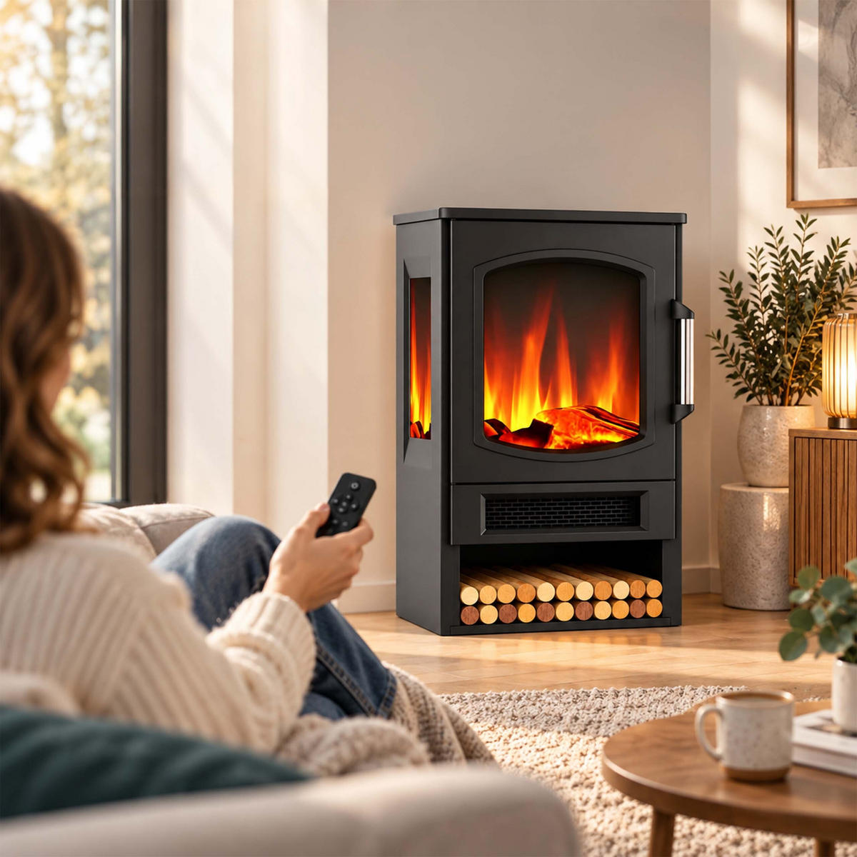 ȘEMINEU Negru electric cu încălzire 1800 W telecomandă - negru, sticlă/material plastic (44/75/35cm) - Relaxdays