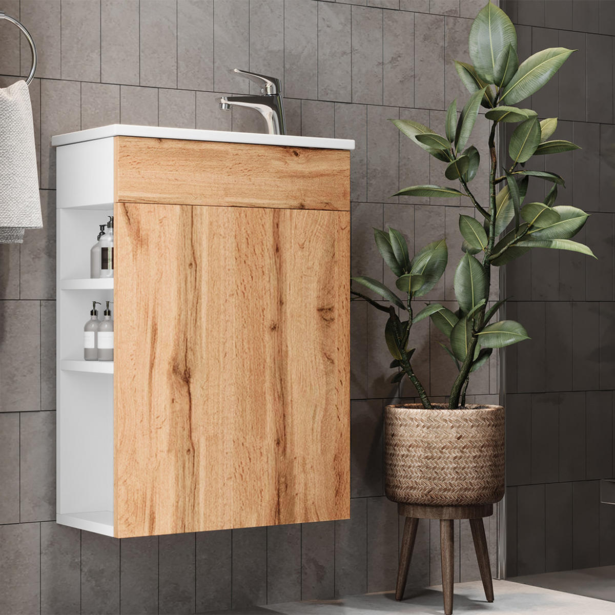 WASCHTISCHKOMBI Amadeo, Goldkraft Eiche/Weiß, 2 Teile, mit Waschbecken - Honigeiche, Holzwerkstoff (50/70/25cm) - Vicco