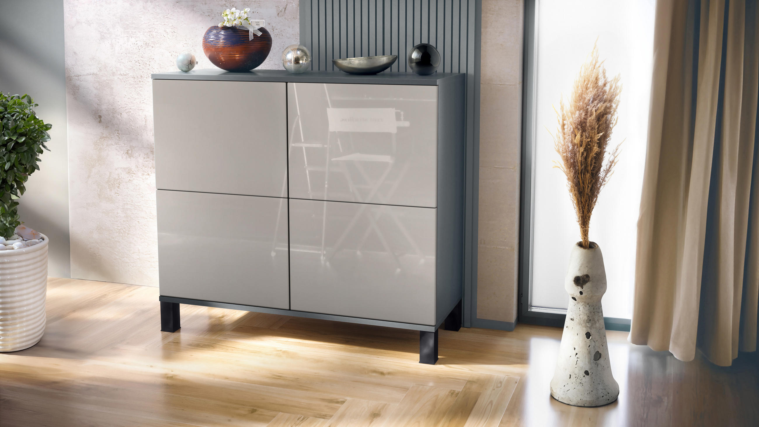 KOMMODE Rova Sandgrau Hochglanz - Sandfarben, Holzwerkstoff (92.5/84.5/35cm) - Vladon